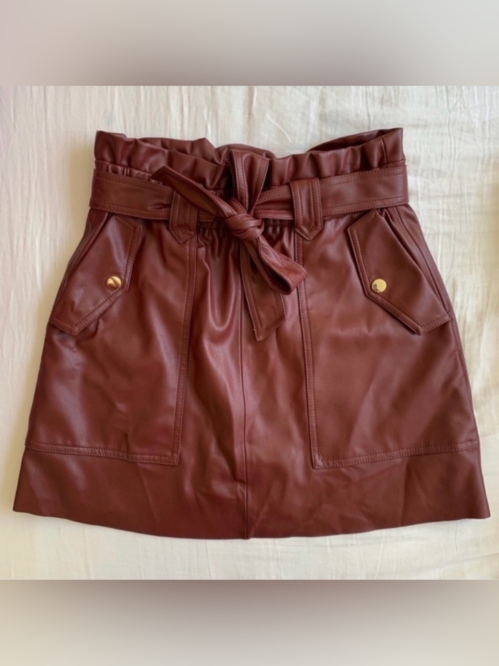 Nwot Marc New York Burgundy Faux Leather Mini Skirt, Tie Belt, Pockets, Size XS